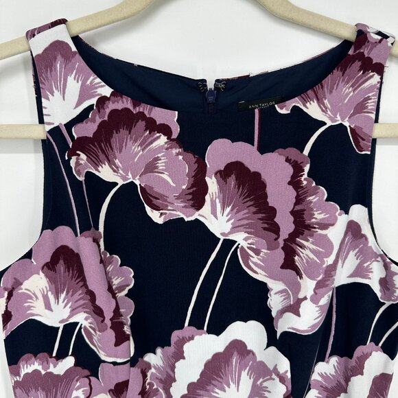3/$25 Ann Taylor Floral Print‎ Mini Sheath Dress 2 Sleeveless Navy Blue Purple - Picture 6 of 10